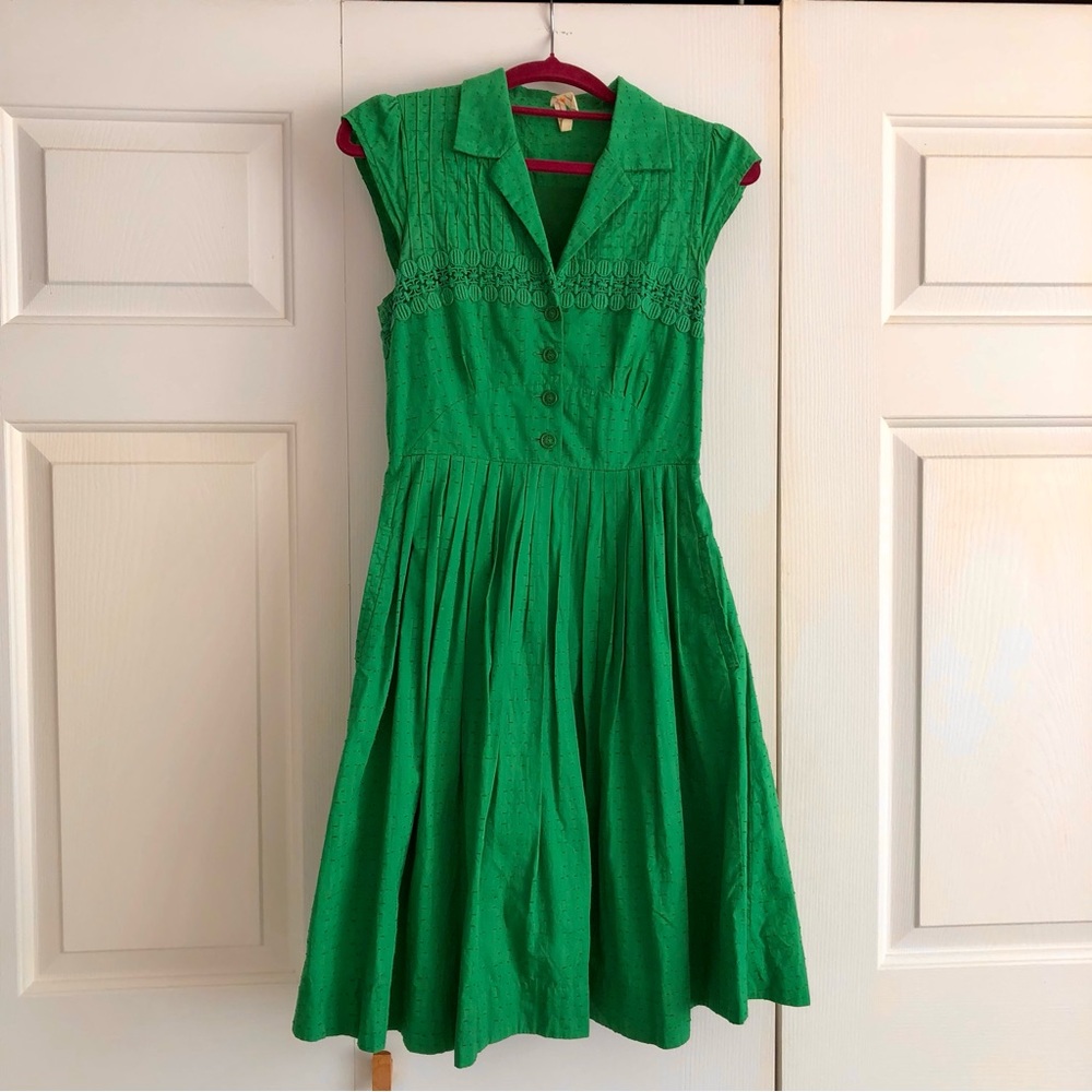 Maeve Fit & Flare Pleated Shirt Dress Spring Green